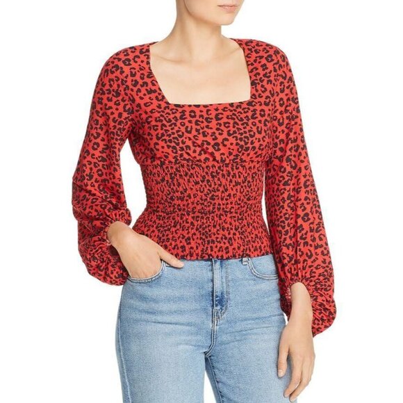 Charlie Holiday Penelope Smocked Leopard-Print Womens Top XS / 2 Red - Picture 2 of 12